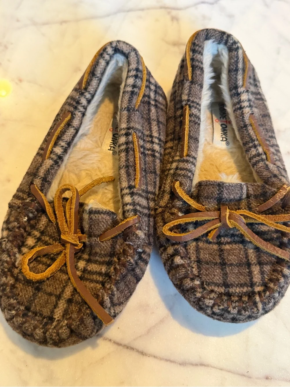 Minnetonka Plaid Faux-Fur Lined Kids Moccasin Slippers - Brown 12